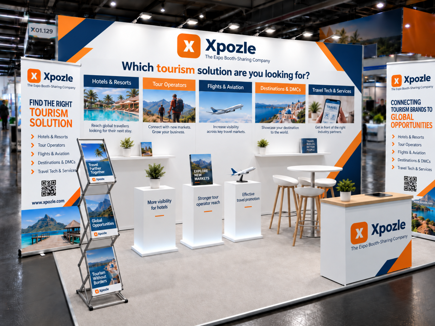 Een Xpozle booth-sharingstand met open entree, vijf productzones, centrale presentatiesokkels, gesprekstafel en QR-punten